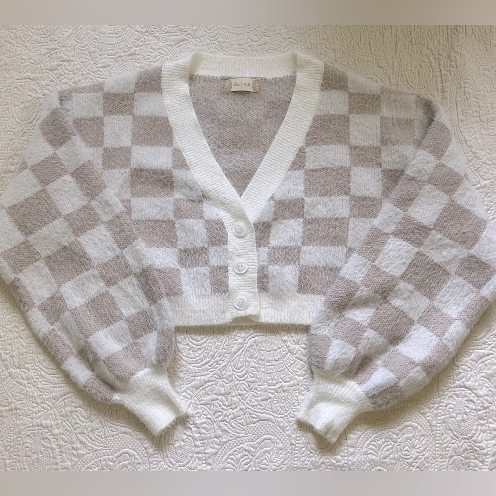Altar’d State button up sweater crop top, checkered pattern - size Large